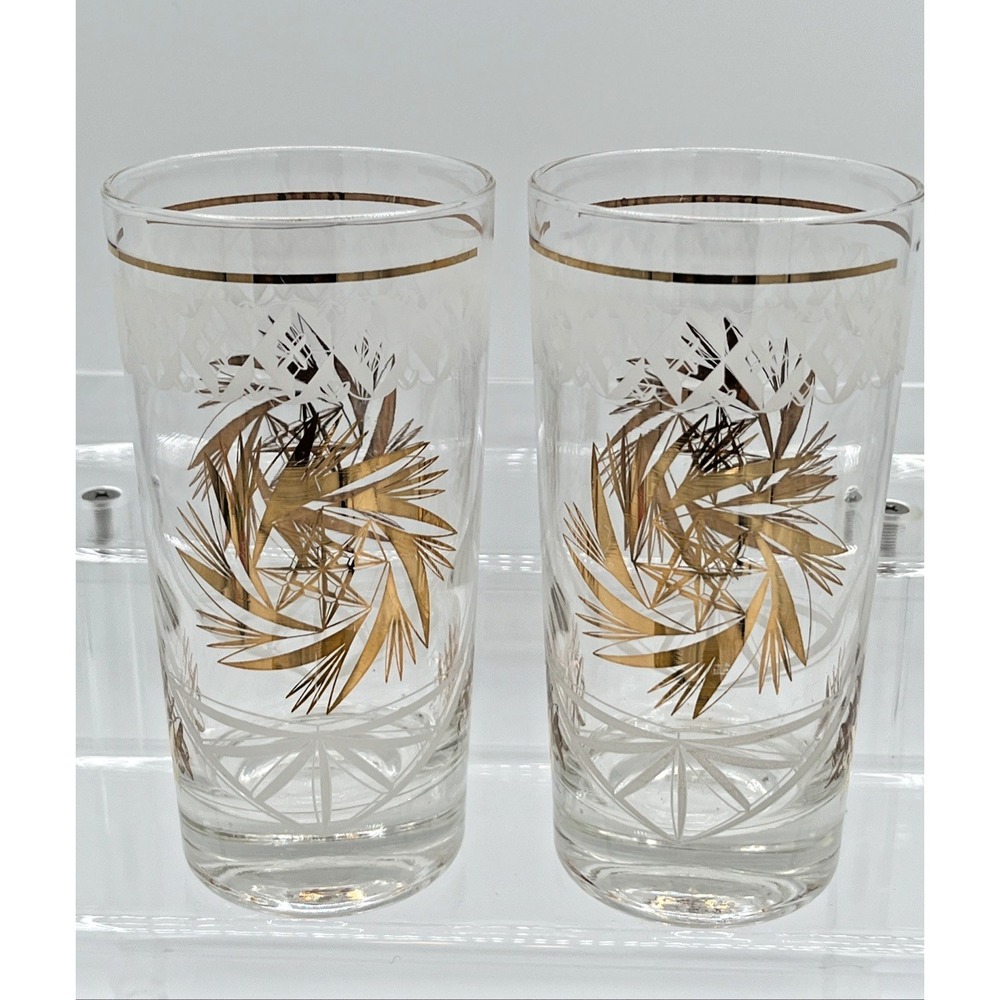 Vintage MCM Atomic Starburst Gold Highball Glasses Barware Set of 2